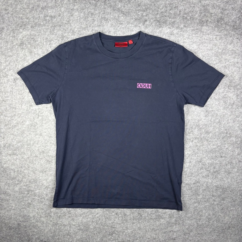 Hugo Boss Mens T-Shirt Navy Blue Pink Reversed Box‎ Logo Cotton Tee Medium